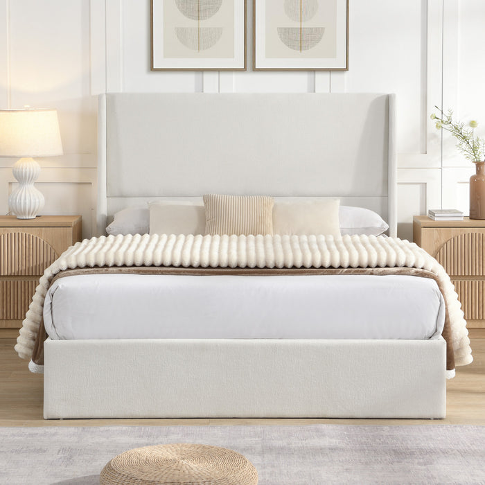Liam Upholstered Platform Bed with Wingback Headboard,Queen Size,Beige Queen Bed