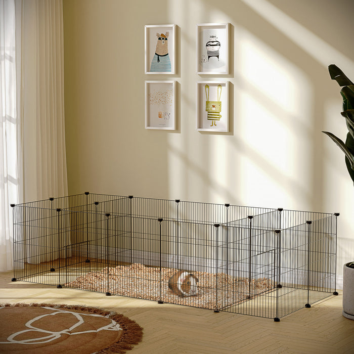 Pawhut 18 Panels Small Animal Cage, Pet Playpen With Doors, Guinea Pig Cage, Portable Metal Wire Yard For Hedgehogs Indoor Use, 69\" X 28\" X 18\"