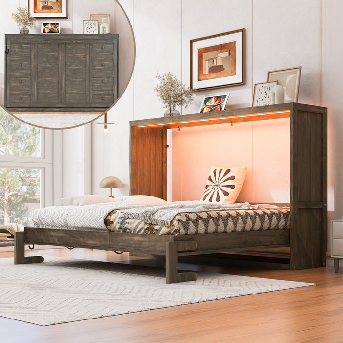 Olivia Solid Wood Murphy Bed with LED Light and Foldable Cabinet,Queen Size,Brown Queen Bed