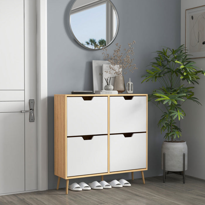 HOMCOM Shoe Cabinet with 4 Flip Drawers and Adjustable Shelves, Natural