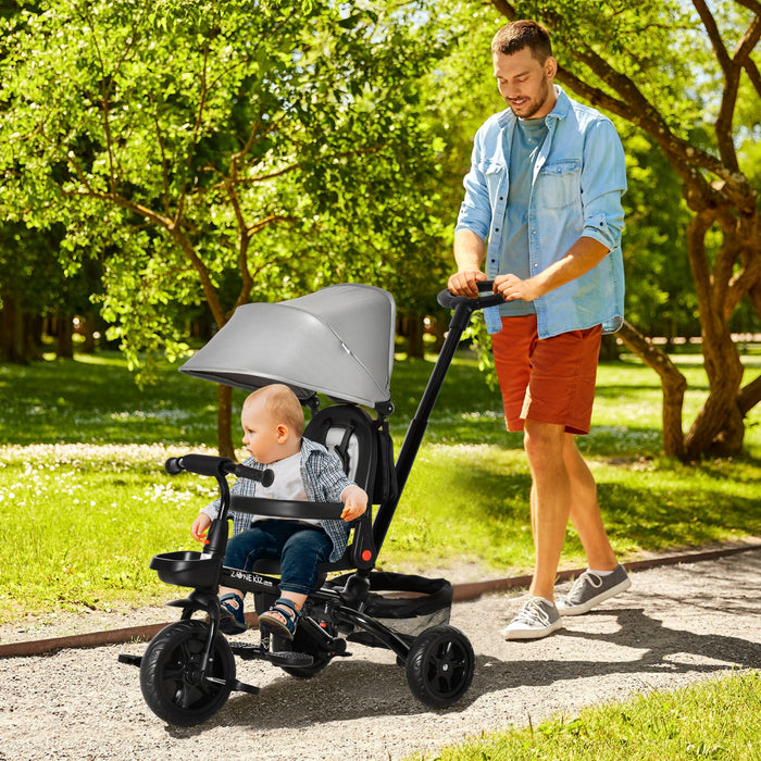 Qaba Baby Tricycle 4 In 1 Trike W/ Reversible Angle Adjustable Seat Removable Handle Canopy Handrail Belt Storage Footrest Brake Clutch For 1-5 Years Old Grey