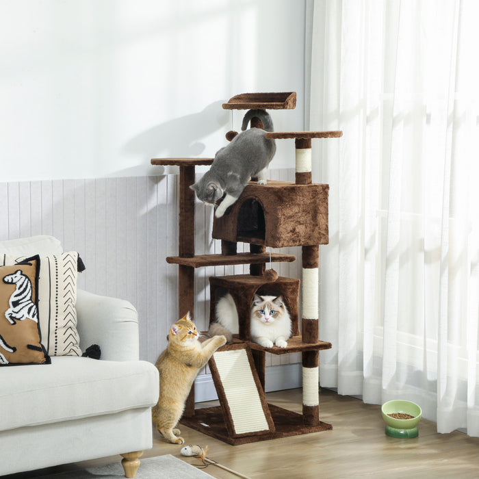 PawHut 54\" Cat Tree, Cat Tower for Indoor Cats with Scratching Posts, Cat Condos, Bed, Platforms, Ramp, Toy Ball, Cat Activity Center, Light Brown