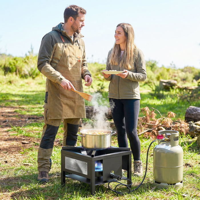 Outsunny Camping Stove, 65000 BTU High Pressure Propane Stove Outdoor Burner with Detachable Burner and Metal Frame for Outdoor Cooking, Includes Regulator and Hose, Black