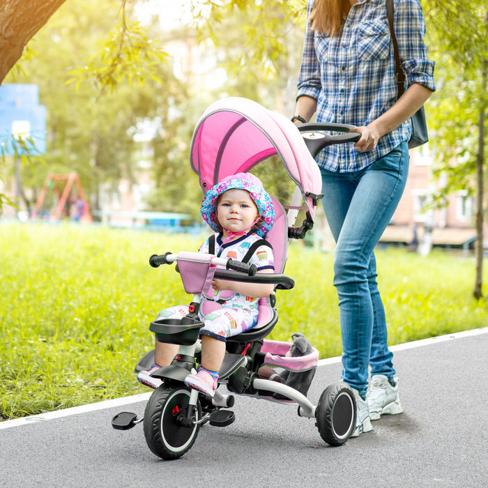 Aosom 6-in-1 Toddler Tricycle, Kids Trike With Rotatable Seat, Adjustable Push Handle, Safety Harness, Detachable Canopy, Semi-reclining Footrest, For 12-50 Months, Pink