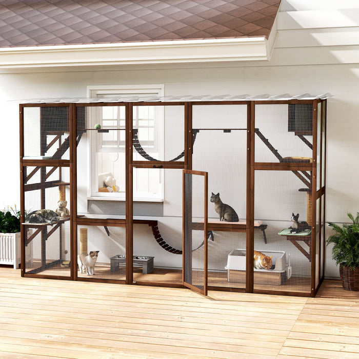 Pawhut Catio, Large Outdoor Cat Enclosure With Cat Condos, Platforms, Ladders, Doors, Weather-resistant Roof, Wooden Cat Cage For 1-4 Cats, Espresso