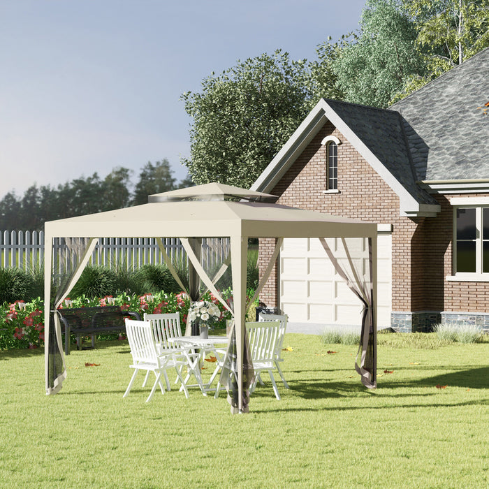 Outsunny 10' X 10' Canopy Tent, Party Tent With Mesh Netting And Double Tier Roof For Backyard, Garden, Patio, Outdoor, Beige