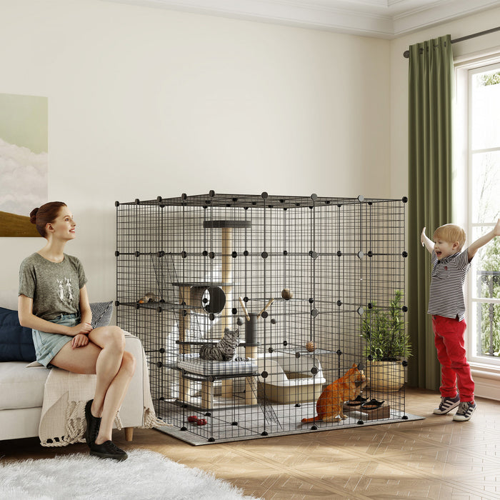 Pawhut Diy Large Cat Cage Indoor, Catio Pet Playpen With Platforms, Ramps, Kitten Exercise Place For 1-3 Cats, Bunny And Chinchillas, 55 X 55 X 55in, 87 Panels, Black