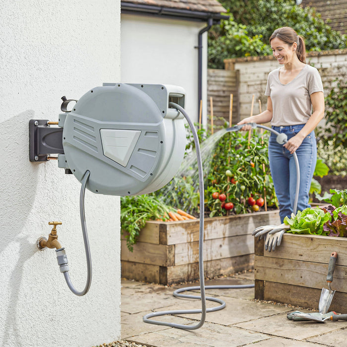 Outsunny Retractable Garden Hose Reel, 1/2\" x 66ft Wall Mounted Hose Reel with Auto Retraction, Self-Locking, Slow Return System, 180° Swivel Bracket and 2 Patterns Nozzle