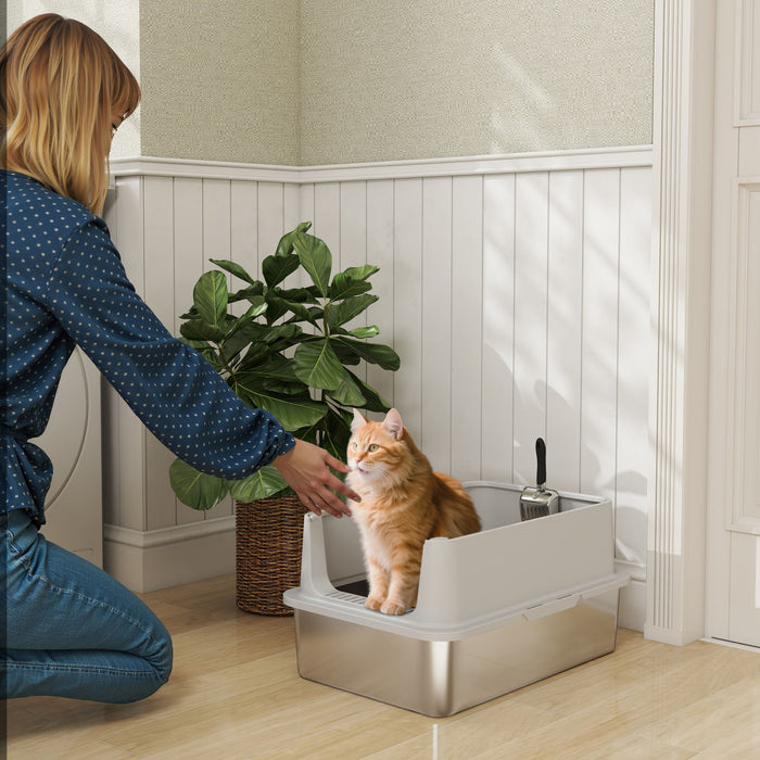 Pawhut Stainless Steel Cat Litter Box, Xl Kitty Litter Box For Big And Multiple Cats With High Wall Side, Scoop, Anti-leakage, Easy Cleaning & Odor Free