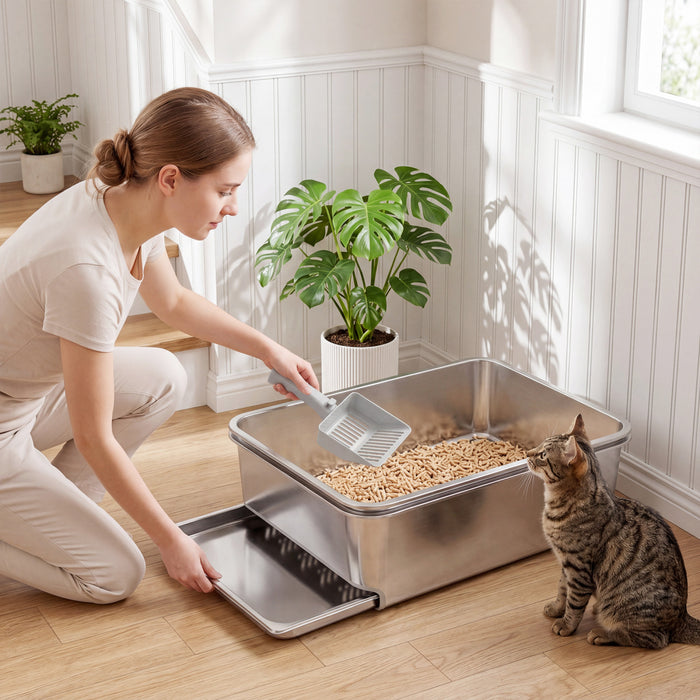 PawHut XL Stainless Steel Cat Litter Box, Sifting Cat Litter Box with Sifting Pan, High Sides for Medium and Large Cats, Non-Sticky, Odour Control, Easy Cleaning, Silver