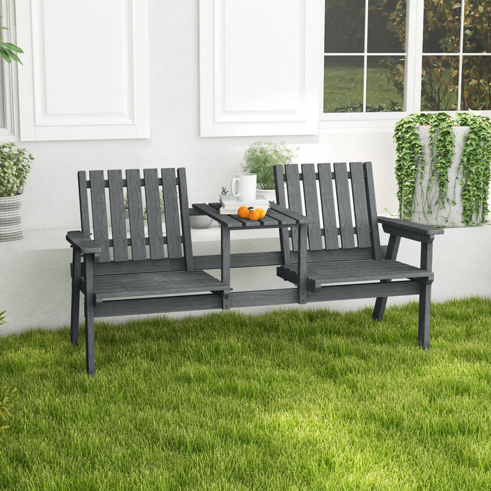Outsunny Outdoor Wooden Bench With Middle Table And Umbrella Hole, Grey