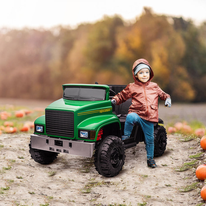 Aosom Two-seater Kids' Tractor With Detachable Bucket, 12v Battery Powered Ride-On Farm Truck With Parental Control, 2 Speeds, Music Lights, Suspension Wheels, Green