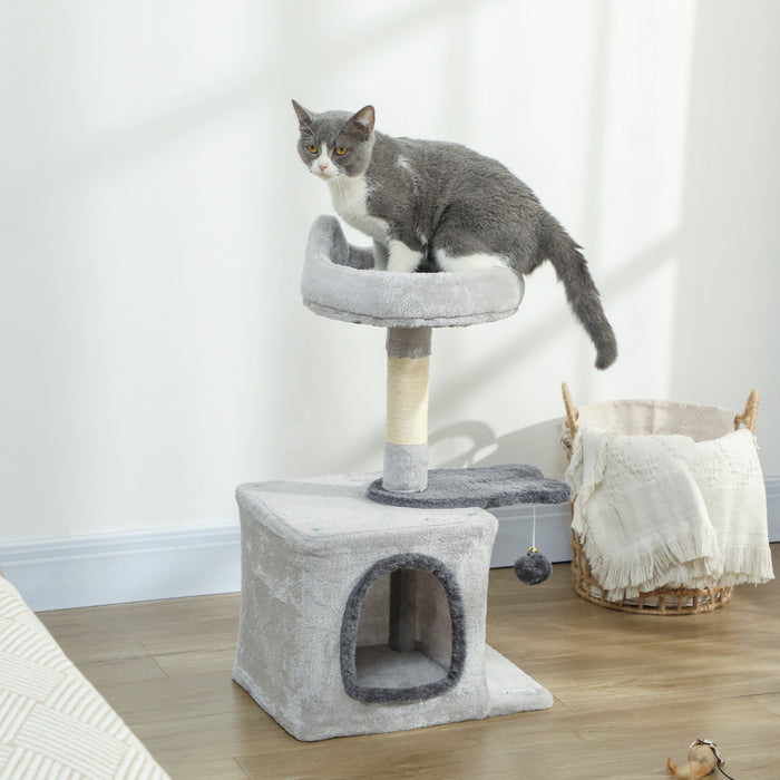 PawHut Cat Tree, 28\" Cat Tower for Indoor Kittens with Plush Top Bed, Cozy Condo, Sisal Scratching Post, Perch, Dangling Ball, Light Grey