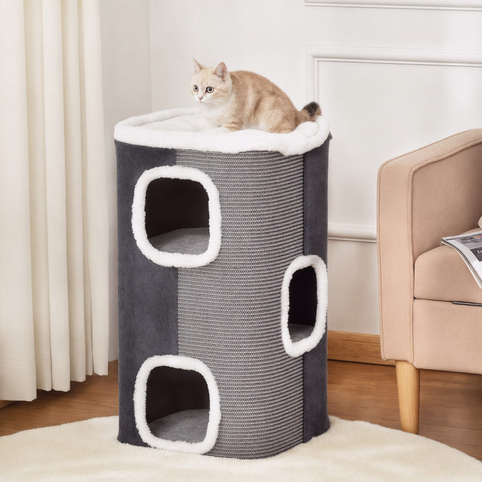 PawHut 4-Story Barrel Shaped Cat Condo, 29\" Large Cat House for Indoor with Scratching Surface, Removable Soft Top Plush Bed, 3 Hideaways, Kitty Cave Bed Furniture for Kittens