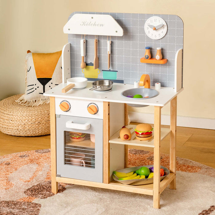 Costway Wooden Kid's Play Kitchen Set Pretend Chef Cooking Toy With Cookware Accessories