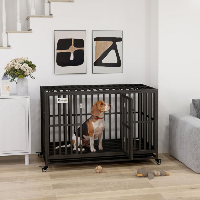 Pawhut Heavy Duty Steel Dog Crate Kennel Pet Cage With Wheels For Portability And A Door For Convenient Access Anti-pinching Floor, 49.2\"l X 29.5\"w X 34.6\"h, Black