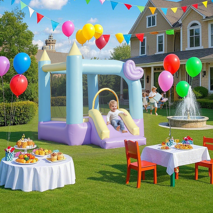 Qaba Inflatable Bounce House With 370w Blower, Bouncy Castle With Slide, Outdoor Indoor Party Wedding Playhouse Bouncer For Kids Ages 3-8, 98\" X 65\" X 79\"