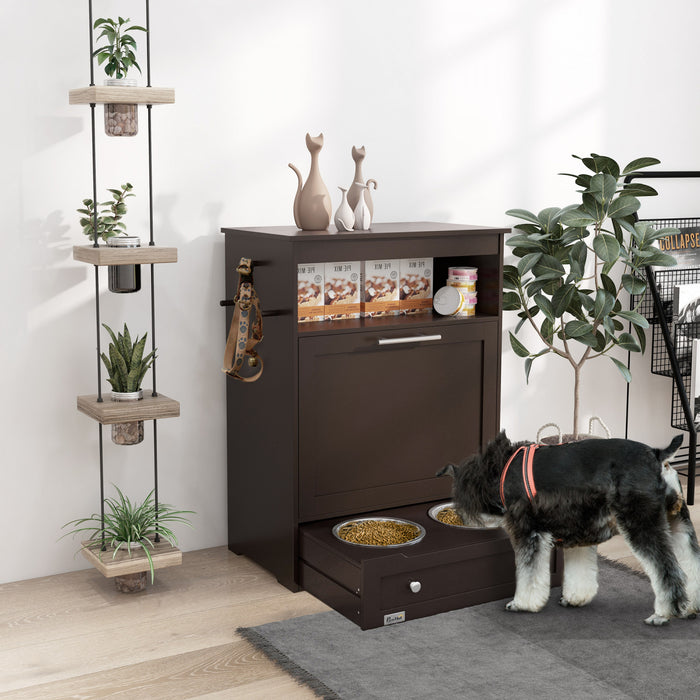 Pawhut Pet Feeder Station Storage Cabinet, Dog Food Storage Container With Dog Raised Bowls And Hanger For Feeding & Watering Supplies, Coffee