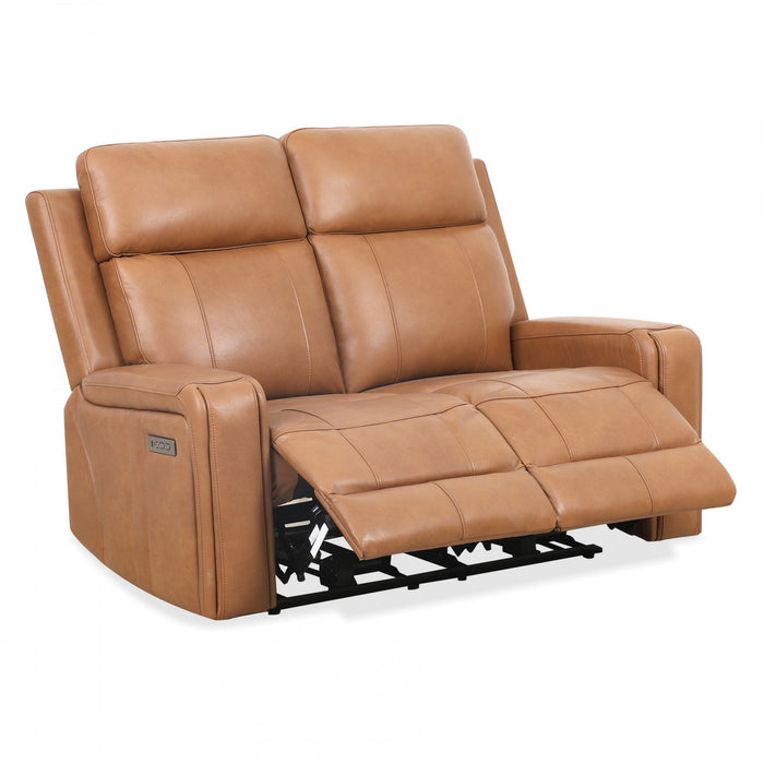 Bellamy 58 in. Leather Match Power Reclining Loveseat with Adjustable Headrest and USB - Cognac