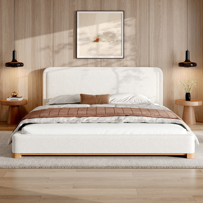 Ethan Low Profile Platform Bed Boucle with Upholstered Curved Headboard,King Size,White King Bed