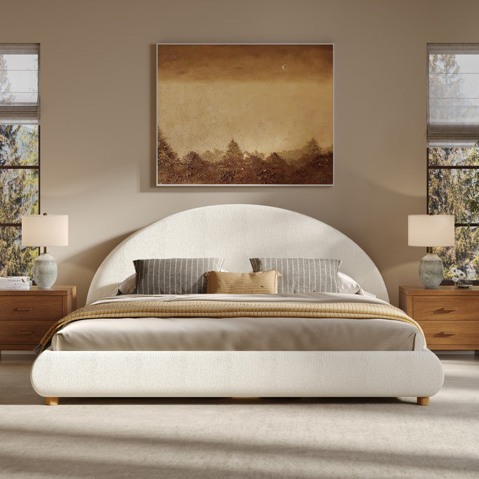 Harold Platform Bed with Boucle Upholstered Round Curved Headboard and Low-Profile Frame,King Size,White King Bed