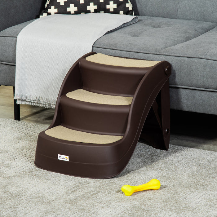 Pawhut Portable Pet Stairs Foldable Steps For Small Dogs And Cats 3-step With Non-slip Treads For Beds Sofas, Brown