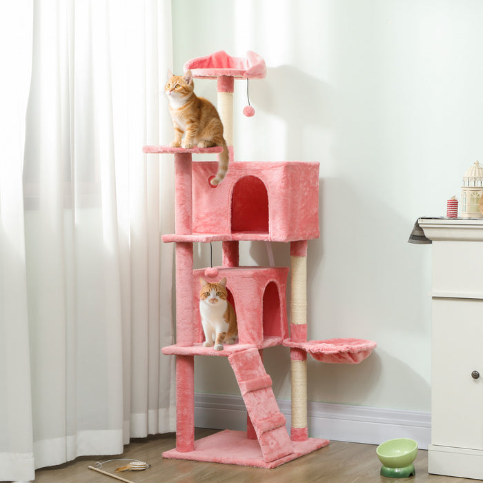 PawHut Cat Tree, 63 Inch Multi-Level Large Cat Tower with Sisal Scratching Posts, Condos, Plush Perches, Hammock, Ladder, Dangling Balls, for Indoor Kittens, Pink