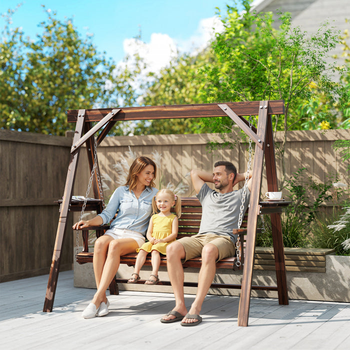 Outsunny 3 Seat Porch Swing with Stand and Side Tables, Carbonized Brown