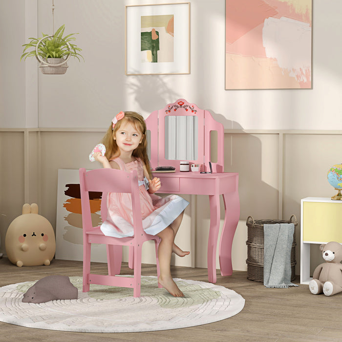 Qaba Kids Vanity Set, Dual-use Dressing Table With Removable Mirror, Makeup Table With Chair And Drawer, For Ages 3-8, Pink