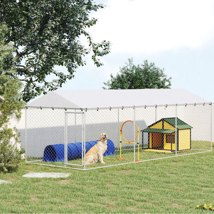 PawHut Outdoor Dog Kennel Dog Run with Waterproof, UV Resistant Cover for Small and Medium Sized Dogs, 6.6' x 6.6' x 4.9', Silver