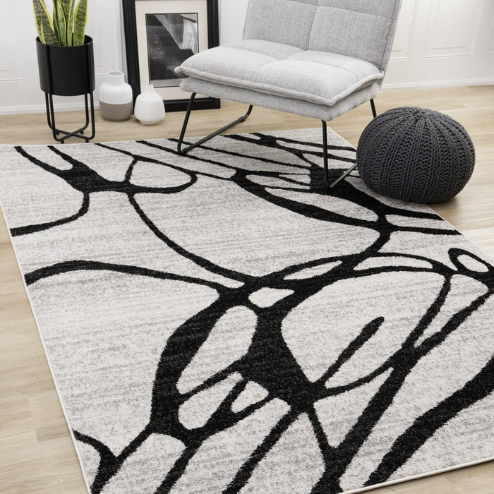 Emmett Grey Black Drizzle Swirl Rug, 7'10\" x 10'6\" Indoor Area Rug