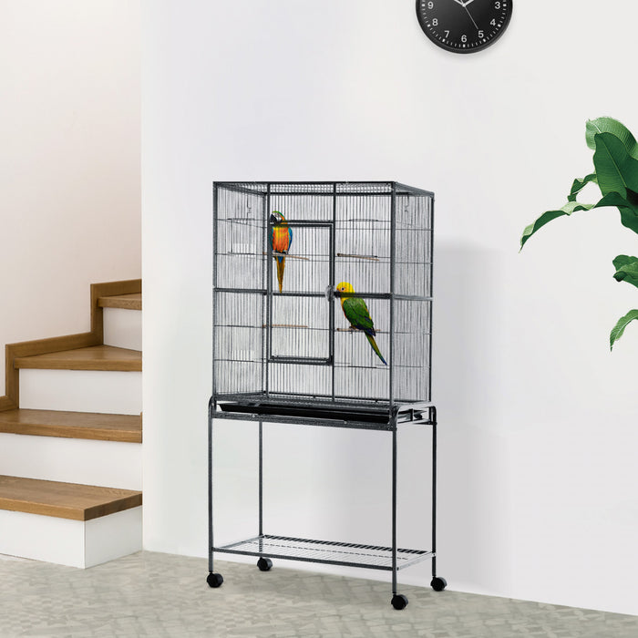 Pawhut 64\" Large Bird Cage, Rolling Metal Parrot Cage, Bird House With Detachable Rolling Stand, Storage Shelf, Wood Perch, Food Container