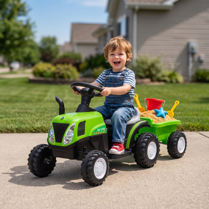 Qaba 2 in 1 Kids Ride On Tractor, 6V Electric Vehicle with Detachable Trailer, Battery Powered Toddlers Driving Toy with Music, Horn, Lights for Ages 1-3 Years, Green