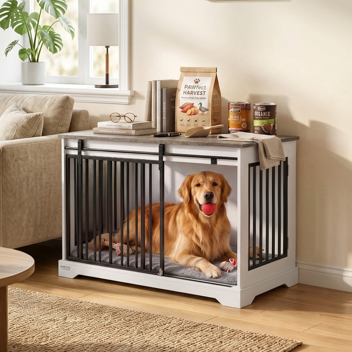 PawHut Dog Crate Furniture, 100 cm Wooden Dog Kennel Indoor Double Door with Sliding Barn Door, Decorative Pet Kennel End Side Table for Large Breeds, White