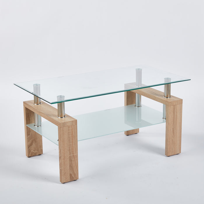 Lucius Modern Geometric Design Tempered Glass Coffee Tablewith Metal Frame and Clear Glass,Natural