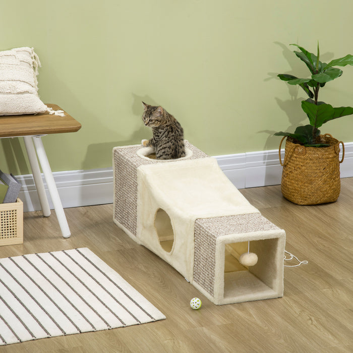 Pawhut 39\" Long Cat Tunnel With Hanging Ball, Plush Catio Outdoor Cat Enclosure With Two Caves, Cream White