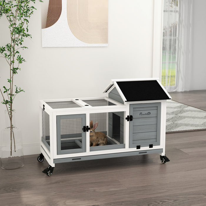 PawHut Indoor Rabbit Hutch with Wheels, Bunny Cage with Ramp, Run, Pull Out Tray, Suitable for Rabbit, Guinea Pig, Grey