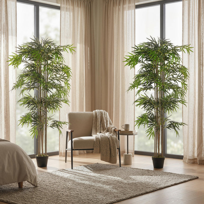 Outsunny 6FT Artificial Bamboo Tree Set of 2 in Pot with 1530 Leaves, Green