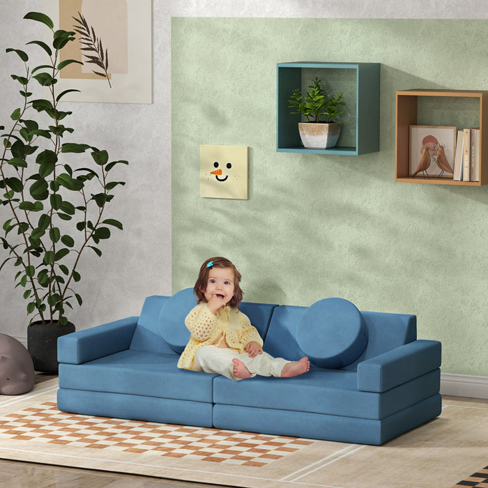 Qaba 12-piece Modular Kids Play Couch Building Fort For Playroom Bedroom, Convertible Kids Sofa Foam And Floor Cushion, Boys And Girls, Blue
