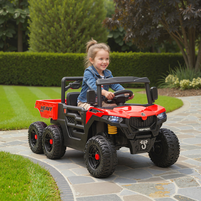 Qaba Electric Ride On Car with 6 Wheels, 24V 4WD Battery Powered Ride On Truck with Dump Bed, Remote Control, Wheel Suspension, Lights and Music for Kids 3-8 Years, Red