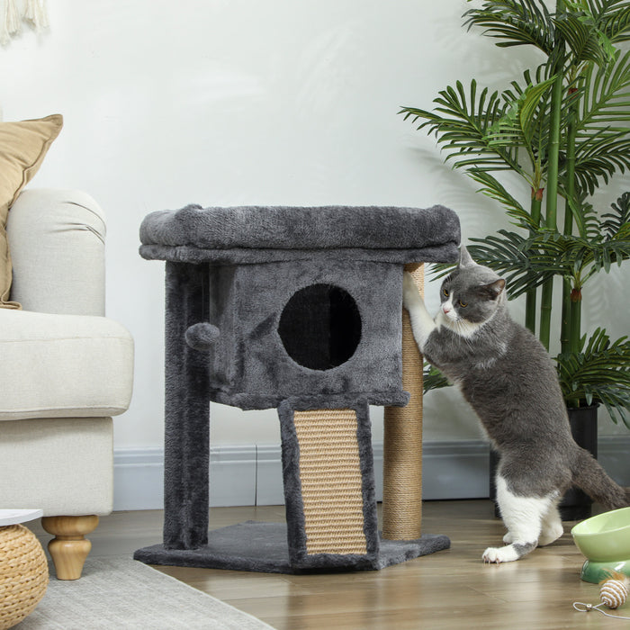 Pawhut Cat Tree, Small Cat Tower With Perch, Scratching Post, Cat Condo, Toy Ball For Kitty, Indoor Use, Dark Grey