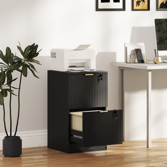 HOMCOM 2 Drawer File Cabinet Fluted Vertical Filing Cabinet with Lock Black