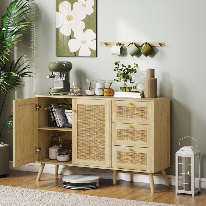 HOMCOM 47\" Rattan Sideboard Buffet Cabinet with Soft-Close Doors, Natural
