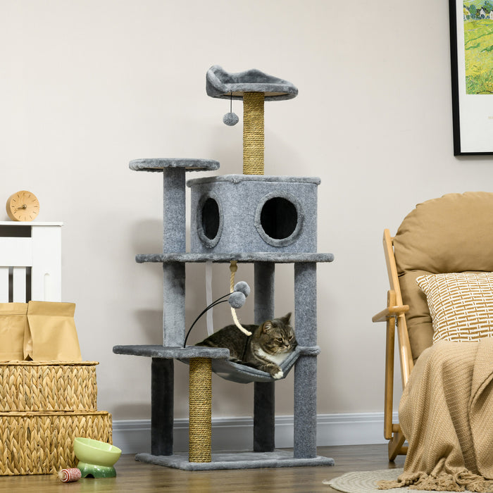 Pawhut 54\" Cat Tree For Larger Cats Adult With Hammock, Tal Cat Tree Tower With Scratching Post, Condo, Platforms, Play Balls For Indoor Cats, Grey