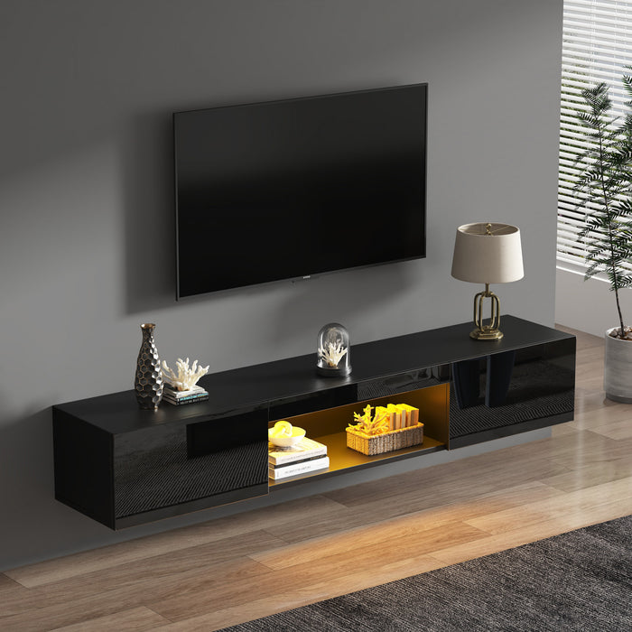 Evan Floating TV Stand with LED Lighting and Storage Doors,Black