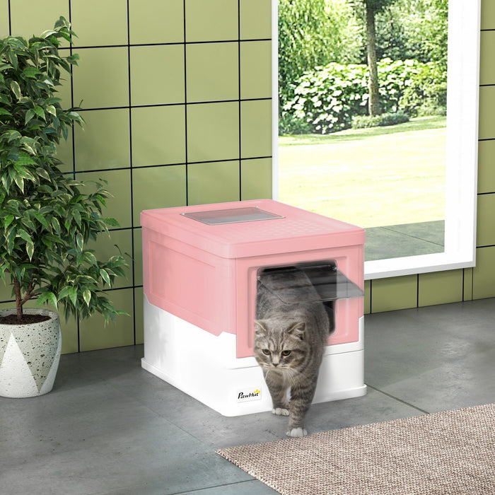 Pawhut Cat Litter Box, Enclosed Foldable Kitty Litter Box With Scoop, Tray, Front & Top Entry, Large Space, Portable Design, Pink