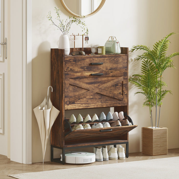 HOMCOM Narrow Shoe Cabinet with 2 Flip Doors and Top Drawer, Rustic Brown