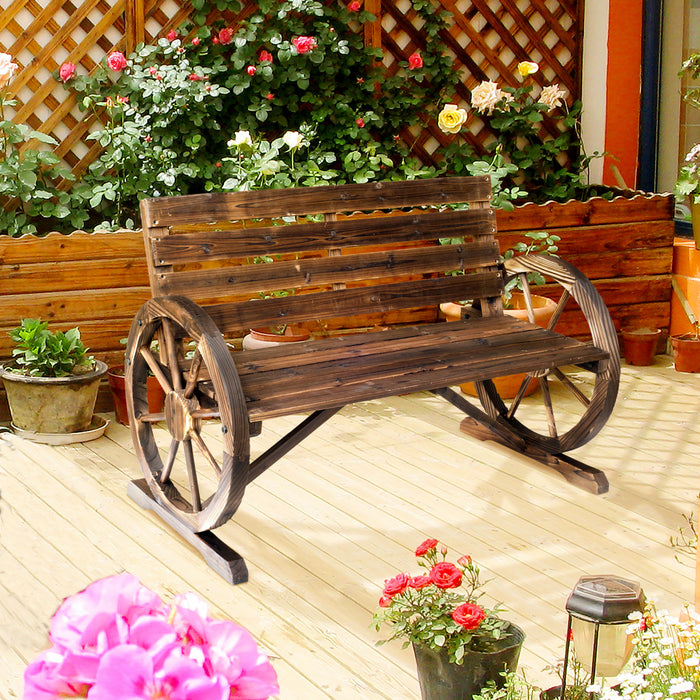 Outsunny 42\" Wood Wagon Wheel Bench Garden Loveseat Rustic Seat, Brown
