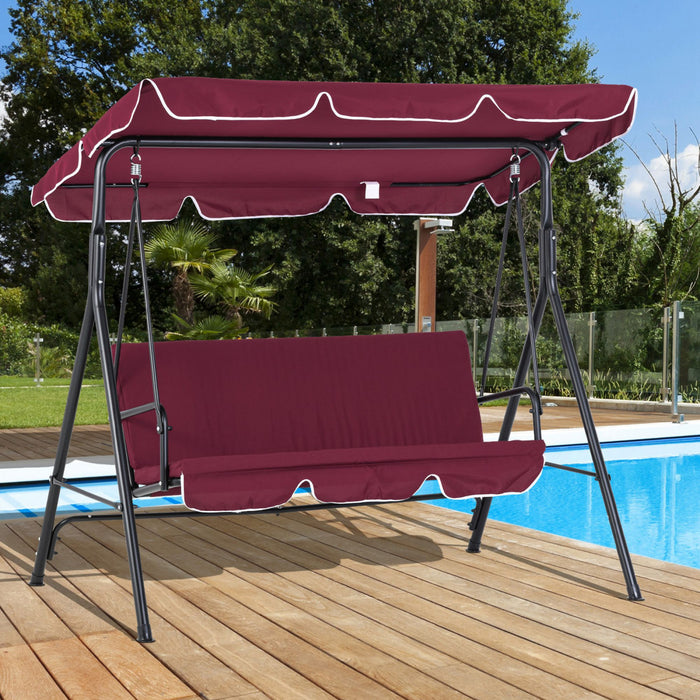 Outsunny 3-seat Patio Swing Chair, Outdoor Porch Swing Glider With Adjustable Canopy, Removable Cushion, And Weather Resistant Steel Frame, For Garden, Poolside, Backyard, Wine Red