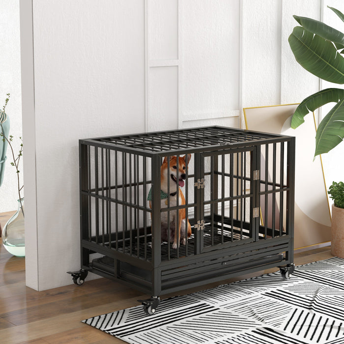 Pawhut Heavy Duty Steel Dog Crate Kennel Pet Cage With Wheels For Portability And A Door For Convenient Access Anti-pinching Floor, 36.2\" L X 24.4\" W X 30.7\" H, Grey